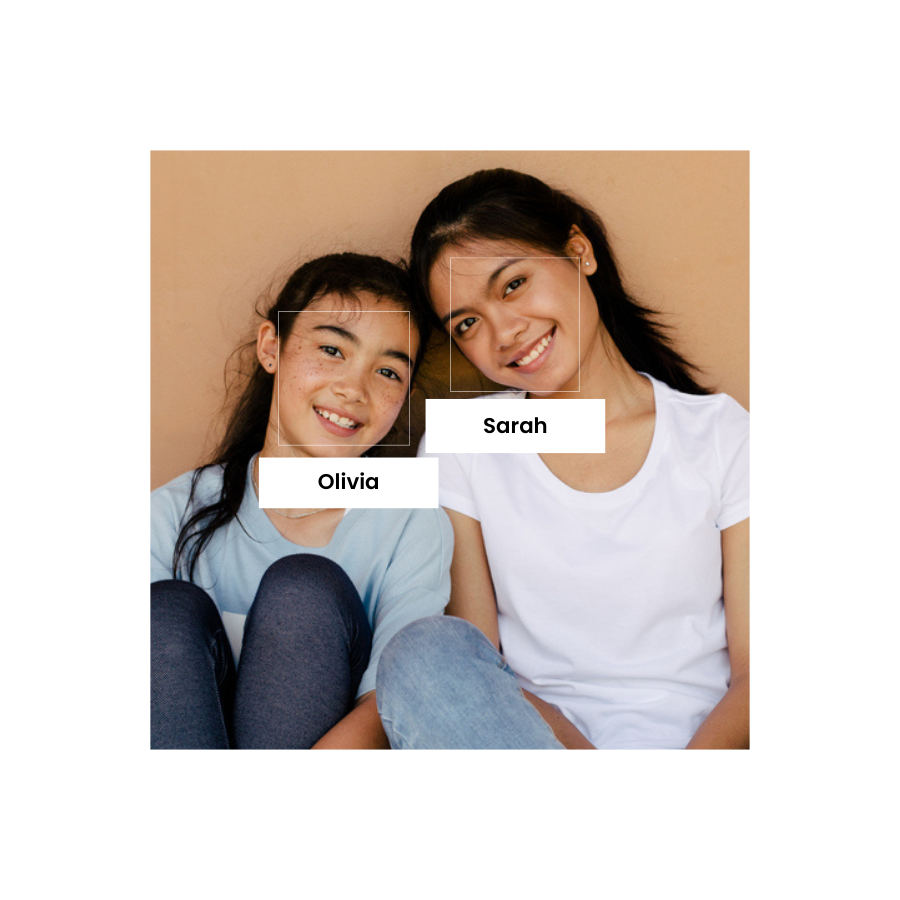 Two girls looking at the camera smiling, each of them has a square around their face and a name below it.
